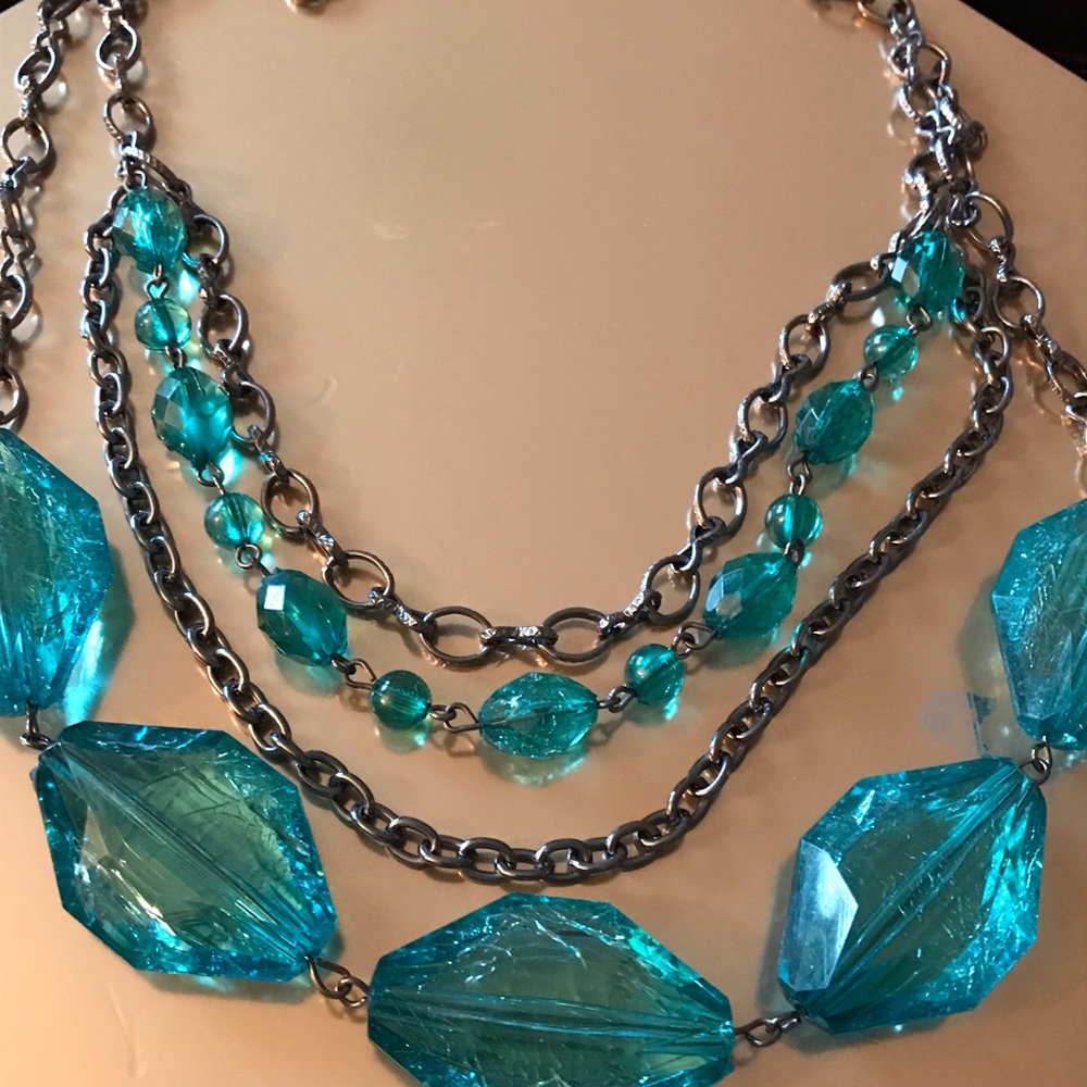 Aqua & Gray Multi Strand Chain Bead Necklace